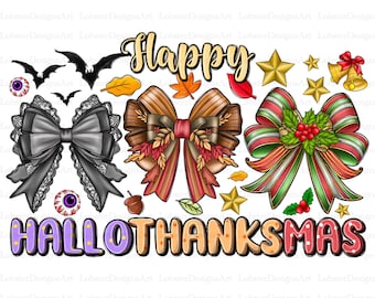 May include: A colorful graphic design with the text "Happy HalloThanksmas" in a purple, orange, and pink font. The design features three bows in different styles and colors, including a black and white bow with lace, a brown and red bow with fall leaves, and a red and green bow with holly berries. The design also includes stars, bats, and eyeballs.