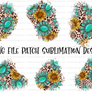 Pode incluir: Seis designs digitais de sublimação com pedras preciosas turquesa, girassóis e padrões geométricos marrons e brancos. Os designs estão sobre um fundo branco.