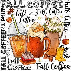 May include: Two fall-themed coffee drinks with whipped cream and pumpkin spice. One is a iced coffee with a straw and the other is a hot coffee with a brown mug. The text "Fall Coffee" is repeated throughout the image.