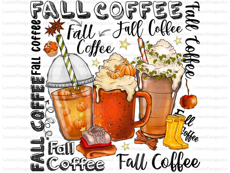May include: Two fall-themed coffee drinks with whipped cream and pumpkin spice. One is a iced coffee with a straw and the other is a hot coffee with a brown mug. The text "Fall Coffee" is repeated throughout the image.