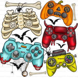 May include: A set of Halloween-themed digital clipart featuring various gaming controllers, a pumpkin, a ribcage, bats, and spiders. The controllers are decorated with spooky details like blood, stitches, and eyeballs.