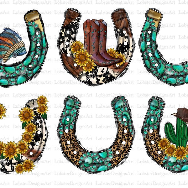 Western Horseshoe Bundle Png, Horseshoe Png, Gemstone Turquoise, Cowhide, Cowboy Boots png, Sunflower, Sublimation Designs, Digital Download