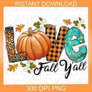 May include: A digital graphic design featuring the word "Love" in a colorful, autumnal style. The letters are decorated with a plaid pattern, a turquoise marble design, and a leopard print. A large orange pumpkin sits in front of the word "Love". The text "Fall Y'all" is written in a black script font below the word "Love".