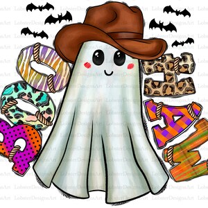 Puede incluir: Un fantasma blanco que lleva un sombrero de vaquero marr&oacute;n con una banda negra. El fantasma est&aacute; rodeado de la palabra "BOO" en letras de colores con diferentes patrones.
