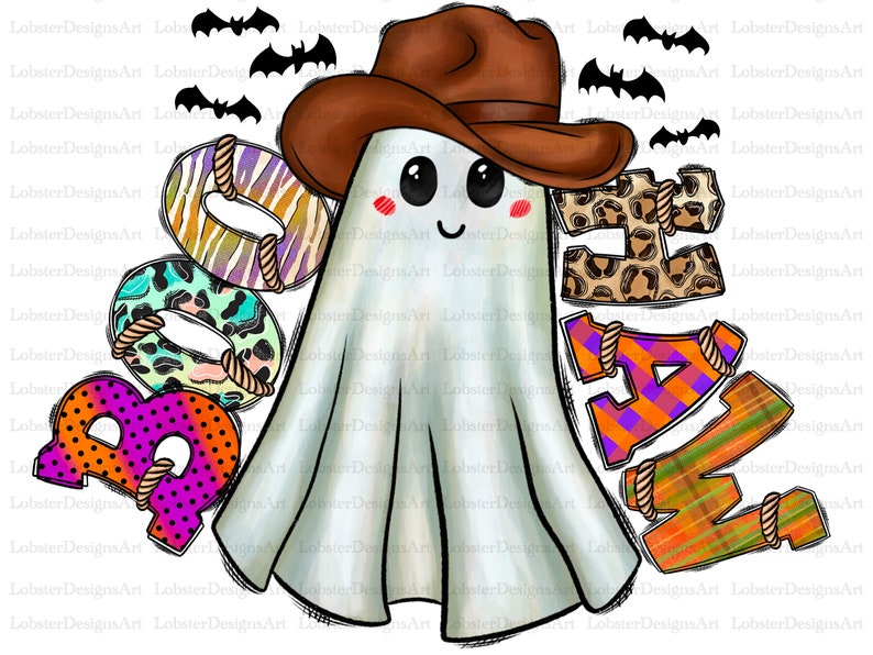 Puede incluir: Un fantasma blanco que lleva un sombrero de vaquero marr&oacute;n con una banda negra. El fantasma est&aacute; rodeado de la palabra "BOO" en letras de colores con diferentes patrones.