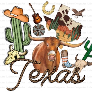 Texas Sublimation Design Png, Longhorn Cow Png,Texas Map Png, Texas Png Files for Cricut, Texas Png Files, Cactus Png, Cowboy png, Western