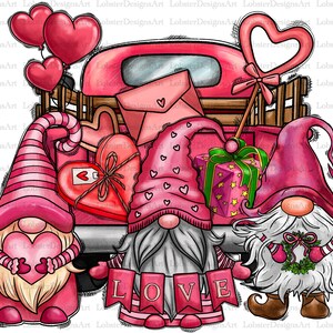 May include: Three gnomes in a red truck filled with Valentine's Day gifts. The gnomes are wearing pink hats and holding hearts. The truck is decorated with hearts and a banner that says "LOVE".