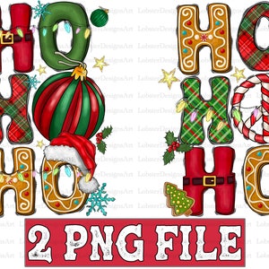 Może przedstawiać: Cyfrowa ilustracja słowa "HO HO" w świątecznym stylu. Litery są ozdobione piernikiem, kratą, ozdobami, laskami cukrowymi i światełkami. Tekst "2 PNG FILE" znajduje się na dole obrazu.