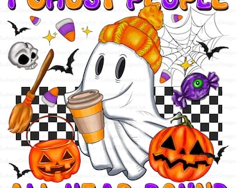 Retro I Ghost People All Year Round Png, Halloween Png, Ghost Coffee Png, Fall png, Pumpkin Png, Spooky Vibes Png, Sublimation