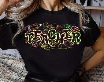 Neon Teacher Fall Coquette Png, Teacher Autumn Doodle Png, Teach Love Inspire Png, Fall Teacher, Back To School, Teacher Appreciation Gift
