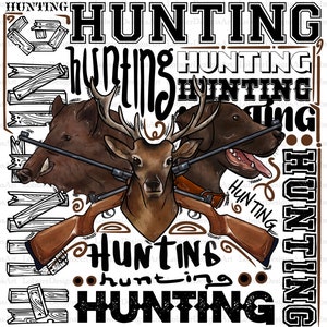 May include: A digital illustration of a hunting scene with a deer, a wild boar, and a dog. The animals are surrounded by guns and the words "hunting" in various fonts and sizes.