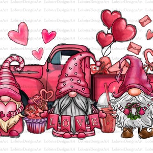 May include: Two gnomes in pink hats and white beards stand in front of a red pickup truck decorated with hearts and balloons. The truck is filled with gifts and the gnomes are holding a banner that says "LOVE".
