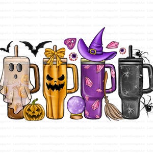 May include: Four Halloween-themed tumblers with different designs. The first tumbler is a ghost with a brown lid, the second is a jack-o'-lantern with an orange lid, the third is a purple tumbler with a witch's hat and a crystal design, and the fourth is a black tumbler with a spider web design.