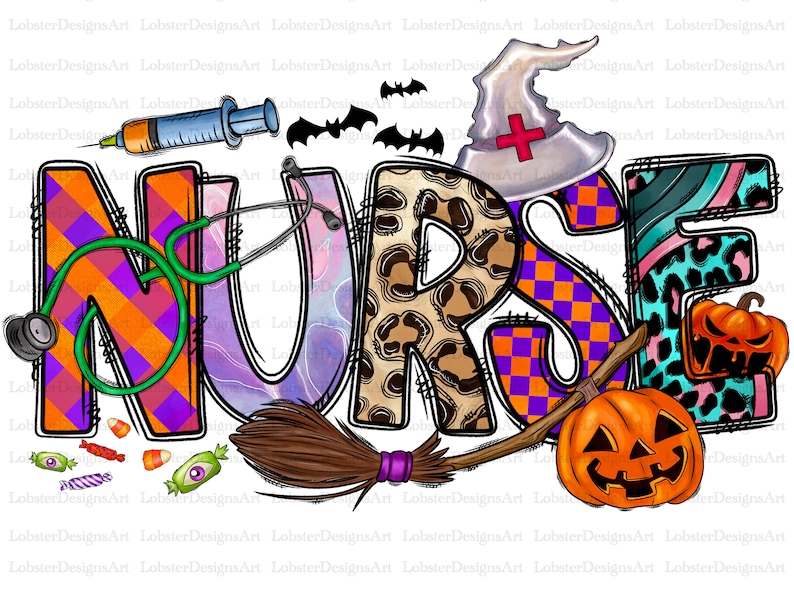 Pu&ograve; includere: Un'illustrazione colorata della parola "NURSE" con decorazioni a tema Halloween. Le lettere sono decorate con una variet&agrave; di motivi, tra cui tartan, stampa leopardata e vortici. Ci sono anche immagini di uno stetoscopio, una siringa, un cappello da strega, una scopa e zucche.