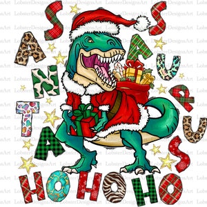 May include: A green dinosaur dressed as Santa Claus with a red hat and a red and white suit. The dinosaur is holding a red gift box and a bag of gifts. The words "Santa Claus" are spelled out around the dinosaur in colorful letters.