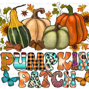 Może przedstawiać: Cyfrowa ilustracja przedstawiająca scenę z pola dyni z dyniami, kabaczkami, słonecznikami i jesiennymi liśćmi. Tekst "PUMPKIN PATCH" jest napisany kolorowymi literami z różnymi wzorami.