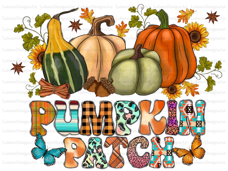 Puede incluir: Una ilustraci&oacute;n digital de una escena de campo de calabazas con calabazas, calabacines, girasoles y hojas de oto&ntilde;o. El texto "PUMPKIN PATCH" est&aacute; escrito en letras de colores con diferentes patrones.