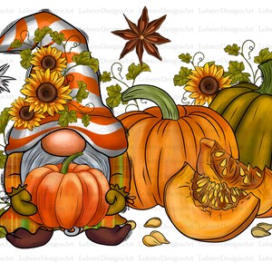 May include: A gnome wearing a red and white striped hat holding a pumpkin. The gnome is surrounded by pumpkins, sunflowers, and autumn foliage.