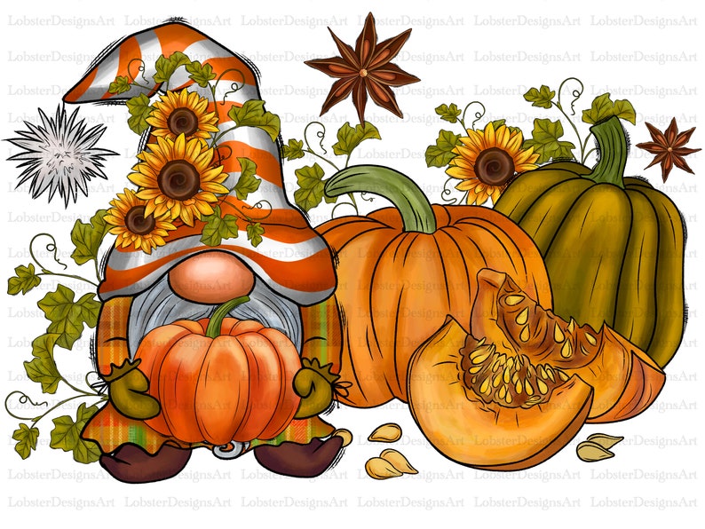 May include: A gnome wearing a red and white striped hat holding a pumpkin. The gnome is surrounded by pumpkins, sunflowers, and autumn foliage.