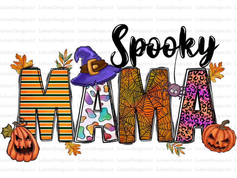 Pode incluir: Um design colorido com tema de Halloween com a frase "Spooky Mama". As letras s&atilde;o decoradas com listras, teias de aranha e estampa de leopardo. Inclui um chap&eacute;u de bruxa, ab&oacute;boras e folhas de outono.