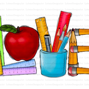 May include: A red apple with a green leaf, a yellow ruler, a green ruler, a purple ruler, a blue pencil holder with pencils, a red ruler, a black pen, and a yellow pencil. The word "LOVE" is spelled out with the objects.