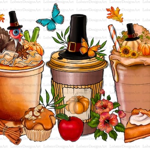 Puede incluir: Tres bebidas de caf&eacute; con tem&aacute;tica oto&ntilde;al con crema batida, especias de calabaza y hojas de oto&ntilde;o. Las bebidas est&aacute;n coronadas con un sombrero de peregrino, una calabaza y un girasol.
