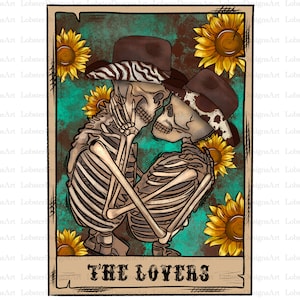 Tarot Cards Sublimation Design Png, The Lovers Card Png, Skull Skeleton Png, Cowboy Skeleton Png, Western png, Sunflower, Tarot Card png