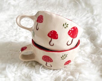 Handmade Mushroom Ceramic Mug, Hand-Painted Fairycore Design, 8.5oz