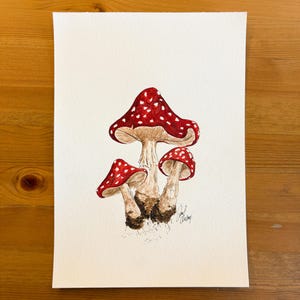 Hand Painting Mushroom Watercolor Art No.001 - Wall Decoration - Artist Signed - 21x29cm Mushroom Painting Uniquely Hand Drawn