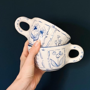 Rustic Blue Floral Ceramic Mug, Handmade and Hand Painted, Unique Gift, Gift for Him for Her, Birthday Gift Idea, 8.45 fl oz - 250ml