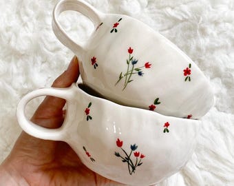 Handmade Red Wildflower Ceramic Mug, Hand-Painted Confetti Floral Design, 8.5oz