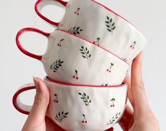 Handmade Cherry Ceramic Mug, Hand-Painted Cottagecore Design, 8.5oz