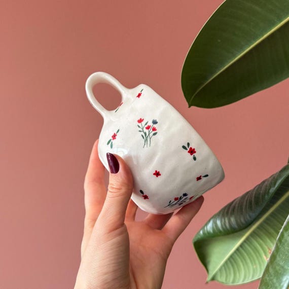 Handpainted Red Flowers Ceramic Mug, 8.45oz