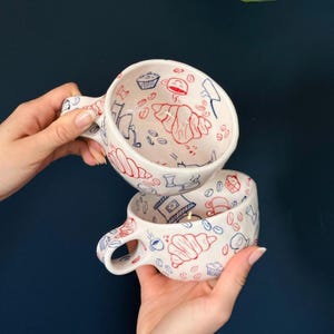 Handmade Ceramic Doodles Mug, Croissant Mug, Unique Gift for Coffee Lovers, Gift for Him and Her, Birthday Gift Idea – 8.45 fl oz - 250ml