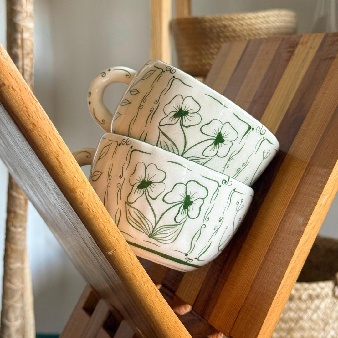 Handmade Floral Ceramic Mug, Rustic Green Decor (8.45 Fl Oz) - Etsy