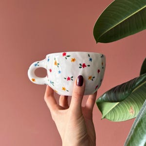 Flowers Ceramic Mug Handmade and Hand Painted, Unique Gift, Gift for Him and Her, Hoppy Easter Mug, Birthday Gift Idea, 6.75 fl oz - 200ml