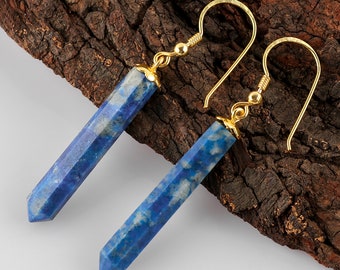 Lapis Lazuli Pencil Earrings Lapis Lazuli Earrings  925 Sterling Silver Earrings Gold Plated Lapis Lazuli Earrings