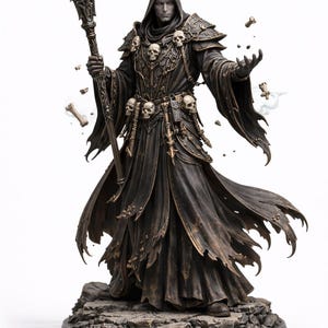 May include: A detailed figurine of a robed figure with a hood, holding a staff topped with a skull. The figure is adorned with skull accents and stands on a rocky base. The color palette is primarily dark brown and bronze.