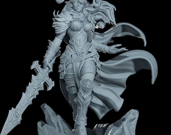 May include: A gray 3D printed miniature of a female warrior with horns, wearing armor and holding a sword. She is standing on a rocky base.