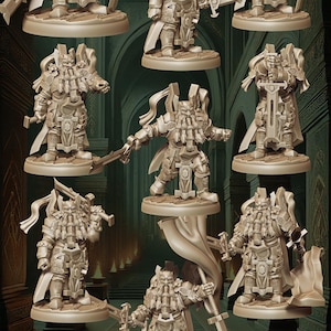 May include: A selection of miniature Dwarf Lord figurines. The figures are in various poses, each wearing detailed armour and carrying weapons like swords and axes. The text "Dwarf Lord" is at the top.