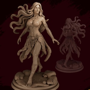 May include: A detailed, beige-colored figurine of a woman with long flowing hair, wearing a tribal-inspired outfit. The figure is standing on a circular base with a smaller, similar figure in the background. The logo "Runes of Resin" is in the bottom right corner.