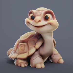 May include: A small, cartoon-style turtle with a brown shell and a friendly expression. The turtle has large, orange eyes and a pink nose.