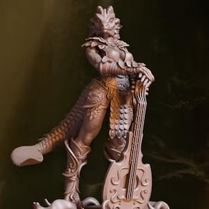 May include: A brown, sculpted figurine of a dragon-like humanoid playing a large, ornate lute. The figurine is standing on a base with a swirling, decorative design.