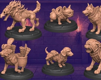 May include: A collection of six detailed dog figurines in various poses, each mounted on a black circular base. The dogs are tan-colored and feature unique designs, including armor, backpacks, and skeletal features. The background is a dark purple with a stone wall.