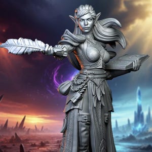 May include: A grey miniature figurine of an elf character wearing textured armor and a long coat. The figure holds a large quill in the right hand and an open book in the left hand. The character has long flowing hair and stands on a circular base.