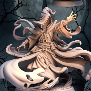 May include: A 3D printed miniature of a faceless demon figure, Voidcaller, with a flowing robe and a pointed hat. The figure is posed with one hand raised, as if casting a spell. The figure is painted in a light gray color and is set against a dark background.