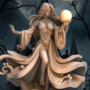 May include: A detailed figurine of a female mage holding a glowing orb. She is wearing a flowing robe with intricate details and a crown. The figurine is set against a dark background with a moon and trees.