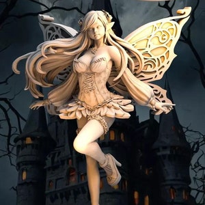 May include: A detailed figurine of a fairy with flowing blonde hair, wearing a corset and a skirt with butterfly wings. The fairy is standing on a round base with a castle in the background.