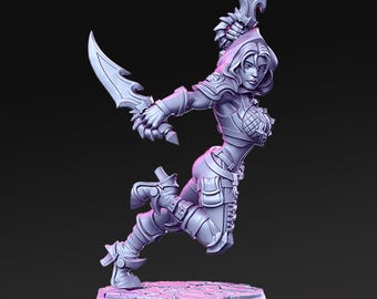 May include: A 3D-printed figurine of a female warrior in a dynamic pose, holding two large, curved daggers. The figure is clad in detailed armor and a hooded cloak, standing on a circular base. The color is a light gray.