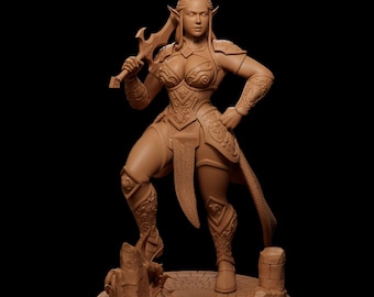 May include: A detailed sculpture of a female warrior in a dynamic pose, holding a sword. The figure is clad in ornate armor with intricate patterns, including shoulder guards, a breastplate, and leg armor. The warrior has horns and a tail, standing on a circular base.